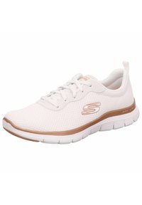 White athletic sneaker with mesh upper, lace-up design, rose gold trim, and "S" logo on side, featuring a flexible sole.