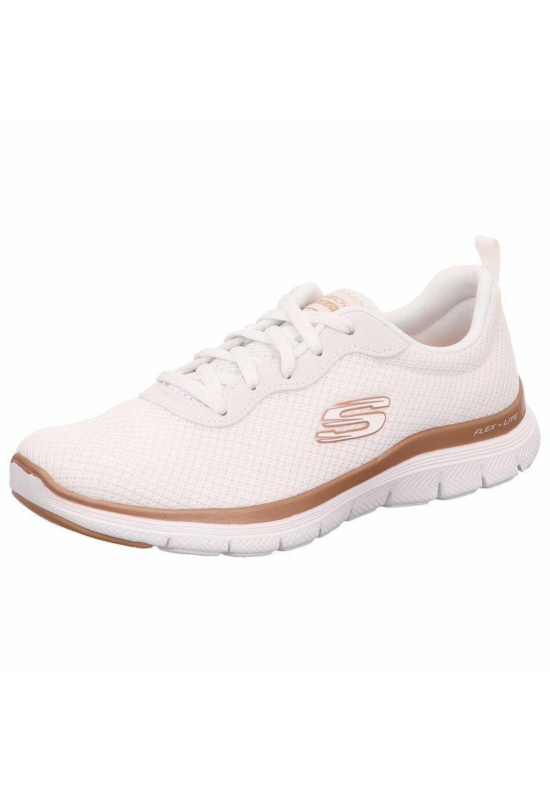 White athletic sneaker with mesh upper, lace-up design, rose gold trim, and "S" logo on side, featuring a flexible sole.