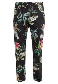 Schwarze Stoffhosen mit einem lebhaften Blumenmuster aus grünen Blättern und rosa Blumen. Schmaler Schnitt, elegantes Design und glatte Textur.