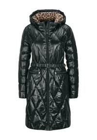 Schwarzer Puffer-Mantel mit gestepptem Design, tailliertem Bund und einem Leopardenmuster-Futter in der Kapuze. Verfügt über Reißverschlusstaschen.