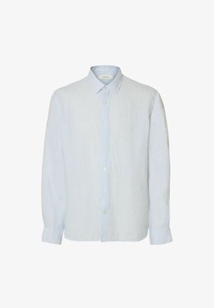 Lyseblå, langermet skjorte med knapper, subtile vertikale striper og klassisk krage, vist på hvit bakgrunn.