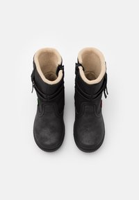 Botas impermeables negras con forro de piel sintética, forma redondeada, cremalleras laterales y acentos verdes y rojos cerca de los tobillos. Textura superior suave.