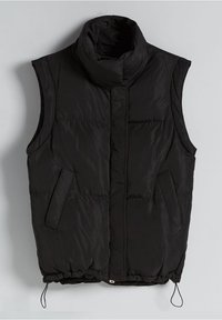 Black puffer vest featuring a high collar, front zip closure, two side pockets, and an adjustable hem with drawstrings. Smooth texture.