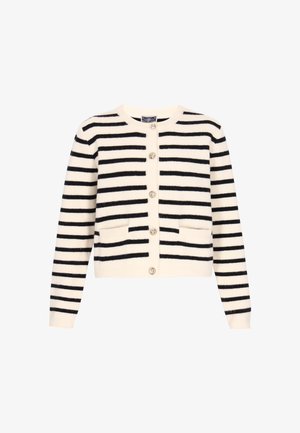 Striped cardigan with cream base and black stripes, features four buttons, two front pockets, and ribbed cuffs and hem. Soft knit texture.