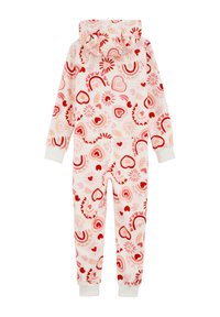 Mono de forro polar con capucha, con un esquema de colores rosa y crema adornado con corazones rojos y patrones florales. Puños en las muñecas y los tobillos.