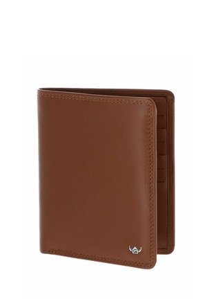 Brown leather bifold wallet partially open, featuring a small silver Viking helmet logo in the bottom right corner.