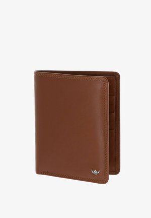 Portefeuille bifold en cuir marron partiellement ouvert, avec un petit logo casque viking argenté en bas à droite.