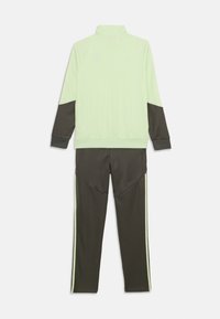 Lichtgroene trainingsoutfit met een hoge kraag en donkerbruine accenten; de broek heeft zijstrepen en paneeldetails. Soepele stofstructuur.