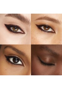 Quatre gros plans d'yeux présentant différents styles d'eyeliner. Les couleurs incluent le marron et le noir ; les textures vont de lisse à définie.