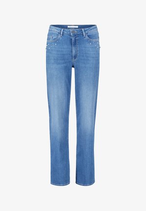 Hellblaue Jeans aus Denim mit geradem Schnitt, dekorativen silbernen Nieten an den Taschen und klassischem Fünf-Taschen-Design.