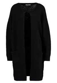 Czarny kardigan wykonany z miękkiego materiału, z okrągłym dekoltem, otwartym przodem, długimi rękawami i dwiema kieszeniami z przodu. Luźny fason.