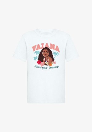 Camiseta de algodón blanca con un personaje de dibujos animados, el texto "VAIAANA", acentos florales y palmeras tropicales en colores vibrantes.