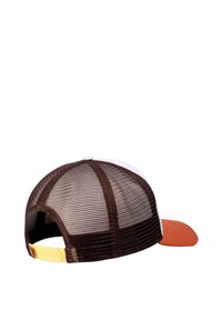 Brown mesh trucker cap with an orange brim, white front panel, and adjustable yellow snapback closure. Smooth texture and structured shape.