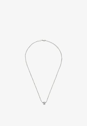 Sølvhalskæde med en fin kæde med små led og tre sammenkoblede ringe som et centralt dekorativt element. Justerbar lås.