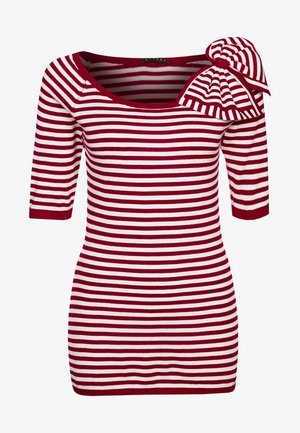 Haut à manches courtes rayé rouge et blanc avec un col rond et un grand nœud sur une épaule. Fabriqué en tissu doux et extensible.