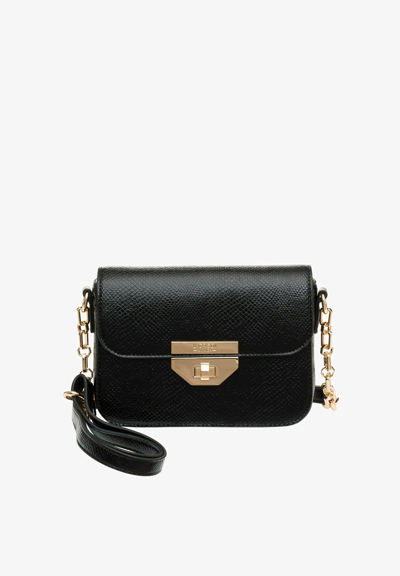 Black leather crossbody bag with pebbled texture, gold-tone hardware, magnetic closure, and a removable chain strap.