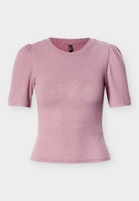 Ροζ ανοιχτόχρωμο τοπ με κοντά μανίκια, ραβδωτή υφή, στρογγυλή λαιμόκοψη και ελαφρώς φουσκωτά μανίκια. Φιξαρισμένη σιλουέτα με σκαλοπατητό τελείωμα.