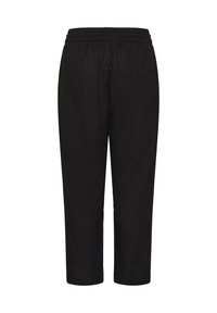 Pantalon noir ample avec taille élastique, jambes droites et design uni sur fond blanc.