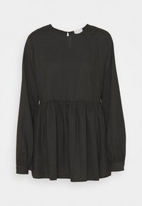Sort langærmet top med rund halsudskæring, peplum talje og elastiske manchetter. Lavet af blødt stof med en glat tekstur.