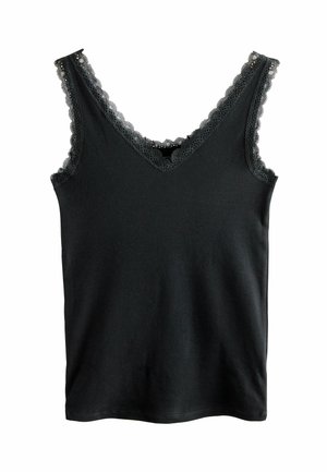 Black ribbed tank top with a deep V-neckline, adorned with black lace trim along the edges. Made from soft, stretchy fabric.