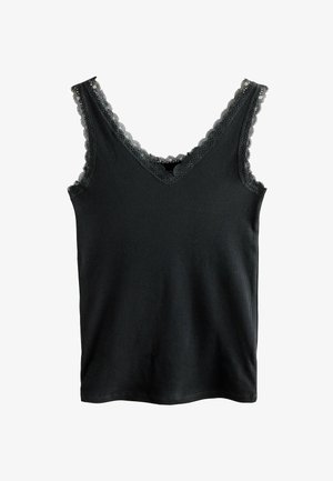Débardeur noir côtelé avec un décolleté en V profond, orné de dentelle noire le long des bords. Fabriqué à partir d'un tissu doux et extensible.