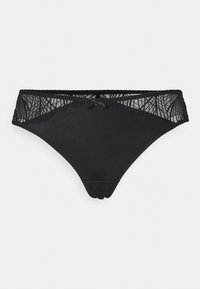Zwarte thong van zachte stof, met een doorschijnende kanten inzet met een gebogen ontwerp aan de voorkant en een klein strikje in het midden.