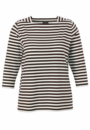 Braun-weiß gestreiftes Langarmshirt mit quadratischem Ausschnitt, vor weißem Hintergrund dargestellt.
