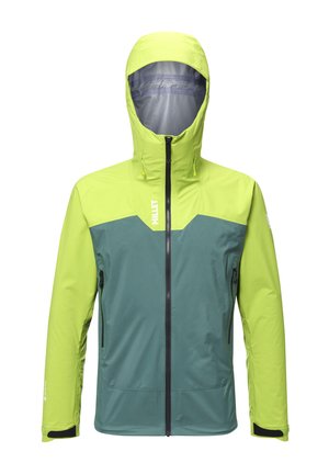 Waterproof jacket with a bright yellow hood and upper section, dark green body, two side pockets, and a full front zipper.
