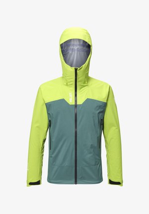 Waterproof jacket with a bright yellow hood and upper section, dark green body, two side pockets, and a full front zipper.
