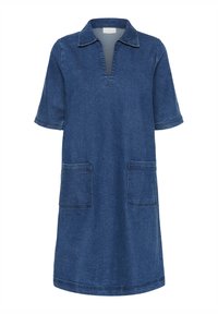 Jeansjurk met een kraag, korte mouwen en twee zakken aan de voorkant. De stof is donkerblauw en heeft een gladde textuur.