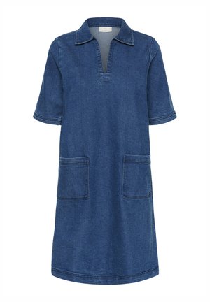 Robes en jean avec un col, des manches courtes et deux poches avant. Le tissu est d'un bleu foncé uni avec une texture lisse.