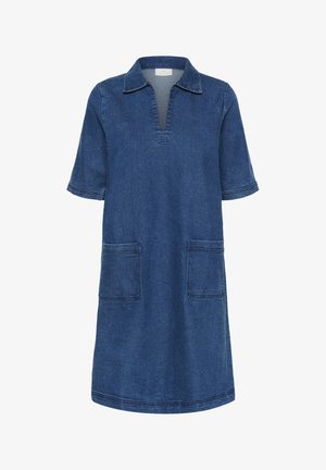 Denim kleit, millel on kaelus, lühikesed varrukad ja kaks eesmist taskut. Kangas on ühtlane tume sinine ja sileda tekstuuriga.