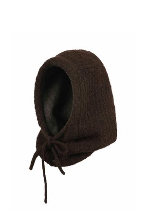 Dark brown knitted hood with a textured pattern and drawstring tie at the front, designed to cover the head and neck.