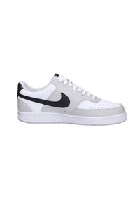 White and grey leather sneaker with a black swoosh logo, round toe, flat laces, and a textured sole. Classic low-top design.