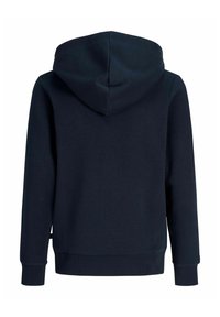 Sweat à capuche bleu marine foncé à manches longues, vu de dos, avec capuche et poignets et ourlet côtelés.