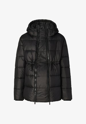 Czarna kurtka puchowa z kapturem, z pikowanymi panelami, ściągaczem w talii i podwójnymi zapięciami na zamek. Miękka, gładka faktura.