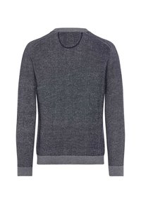 Mørkeblå sweater med tekstureret strik, der har en rund halsudskæring og lange ærmer. Ribkantede manchetter og kant i en lysere blå farve.