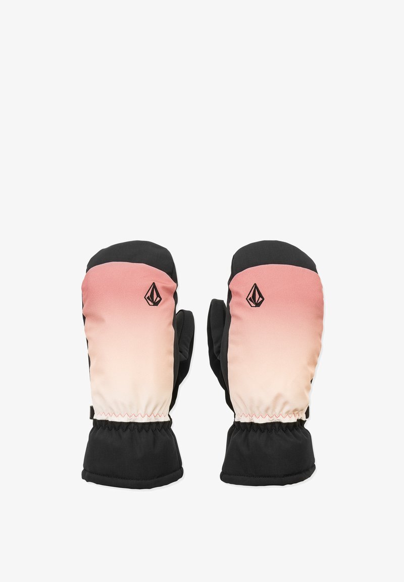 Moffole rosa e nere con design sfumato, polsini elasticizzati e dettaglio logo sul davanti. Materiale esterno morbido, imbottite per il caldo.