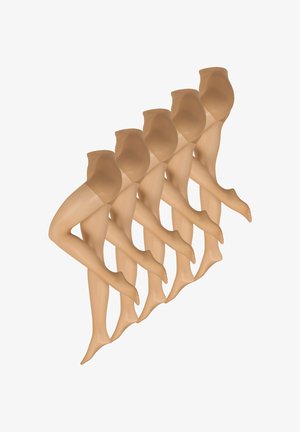 Sechs Paar beigefarbene, transparente Strumpfhosen, fächerförmig auf weißem Hintergrund angeordnet.