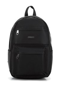 Mochila negra de nylon con parte superior redondeada, dos bolsillos frontales con cremallera y un asa en la parte superior. Presenta una textura suave y detalles en hardware plateado.