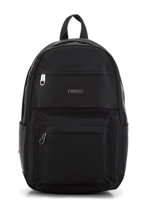 Sac à dos noir en nylon avec un sommet arrondi, deux poches frontales zippées et une poignée supérieure. Caractérisé par une texture lisse et des accents en métal argenté.