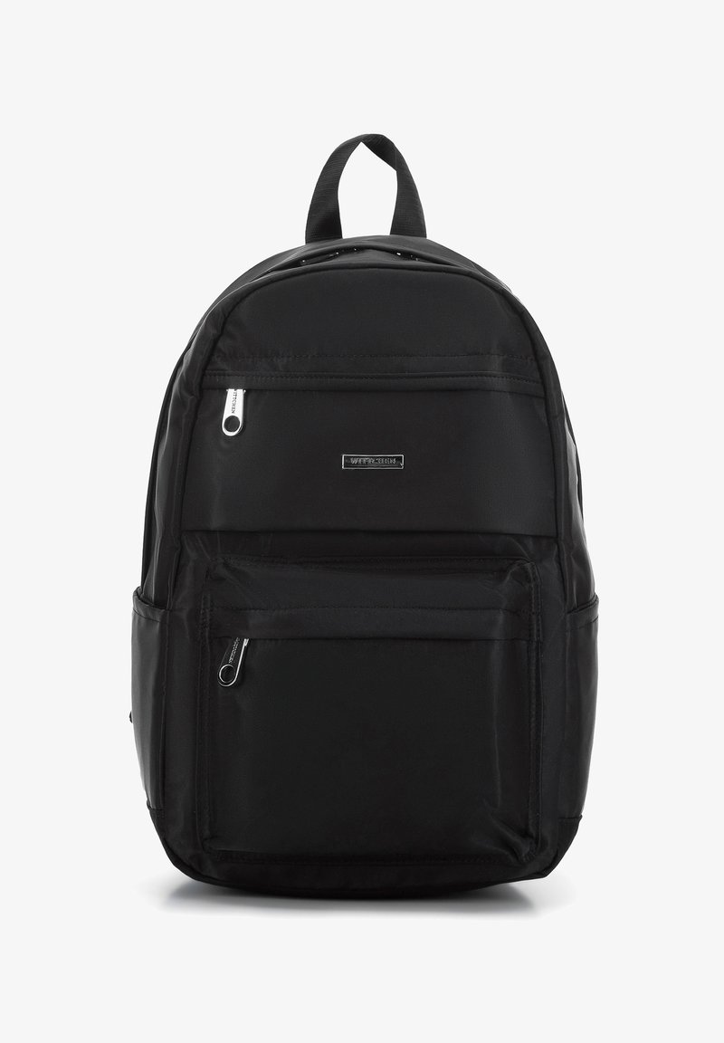 Black nylon backpack with a rounded top, two front zippered pockets, and a top handle. Features smooth texture and silver hardware accents.
