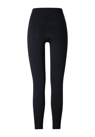 Schwarze, hoch taillierte Damen-Leggings mit figurbetontem Design und glattem Stoff, präsentiert vor weißem Hintergrund.
