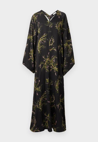 Μαύρο μάξι φόρεμα με μακριά μανίκια, φαρδιά γραμμή, V-λαιμόκοψη και πράσινο-ροζ βοτανικό σχέδιο σε όλο το ύφασμα.