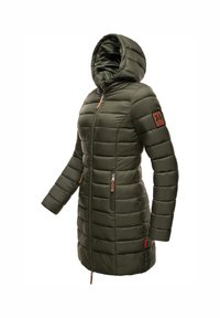 Olive green padded coat featuring a hood, horizontal quilted design, zippered pockets, and a brown logo patch on the left sleeve.