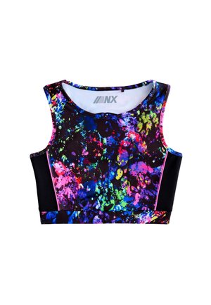 Ærmeløs sports crop top med rund halsudskæring, sorte sider og farverigt abstrakt sprøjtmønster i blå, pink, grøn og lilla.