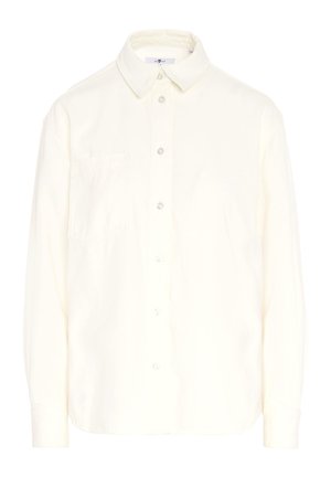 Camicia button-up color crema in un morbido tessuto, con colletto a punta, taschino sul petto e maniche lunghe con polsini abbottonati.