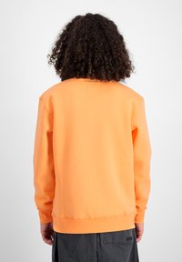 Oranges Sweatshirt aus weichem Material mit Rundhalsausschnitt und gerippten Bündchen, mit einem kleinen Etikett auf der Rückseite. Schlichtes Design, ohne Muster.