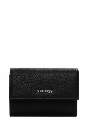 Black leather wallet with a textured finish, featuring a magnetic snap closure and the brand name "SURI FREY" in silver lettering.
