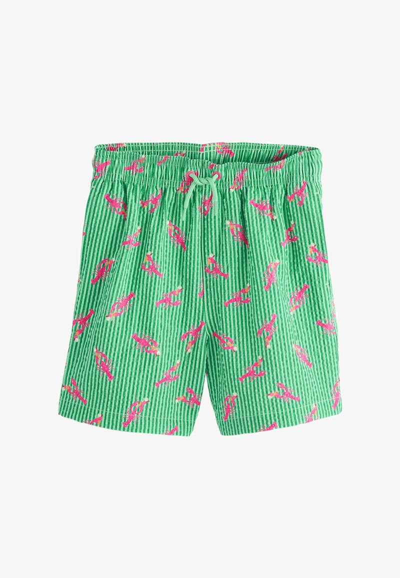 Shorts rayés verts et blancs avec une ceinture élastique et un motif imprimé de homards roses.